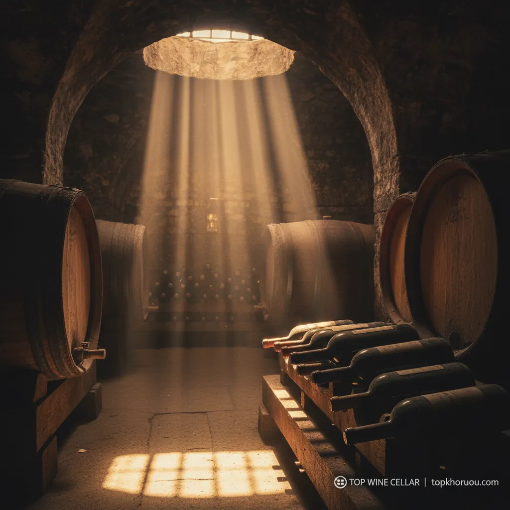 3. Ánh nắng chiếu xiên qua hầm rượu tối