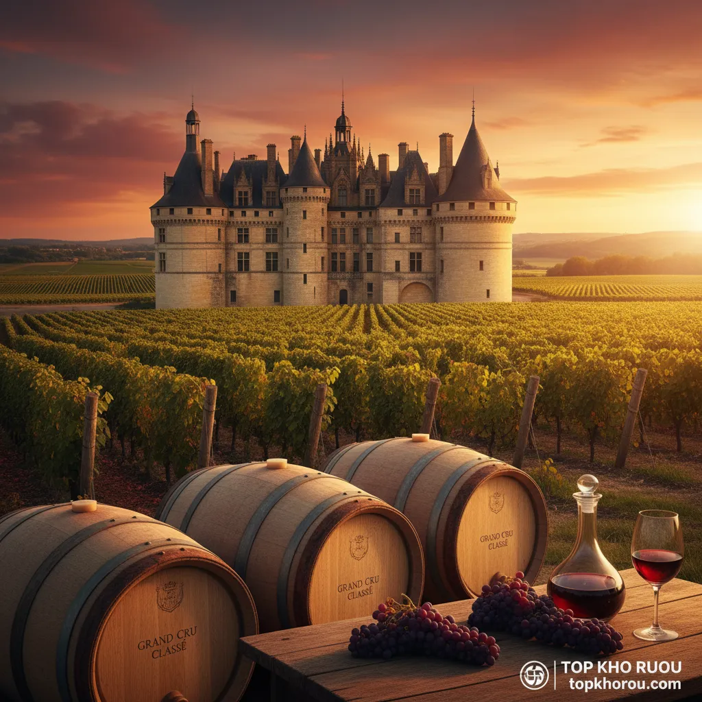 Lâu đài Bordeaux giữa vườn nho hoàng hôn