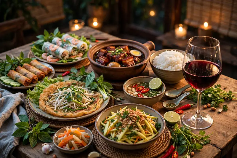 Kết Hợp Rượu Vang Với Món Ăn Việt: Gợi Ý Chuẩn Vị 2 Ly rượu vang đỏ bên mâm món ăn Việt, gợi ý rượu vang ăn với món gì