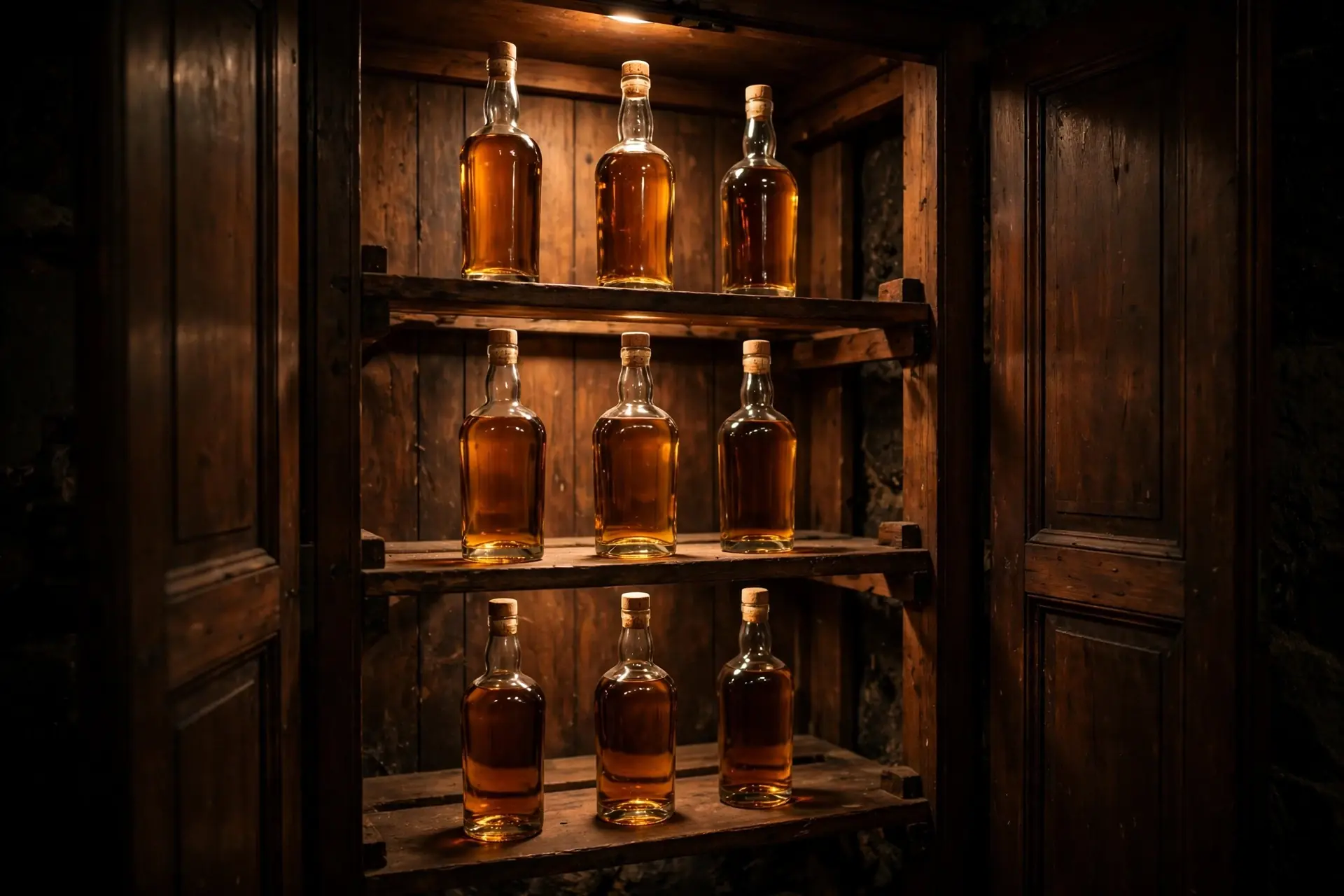 Rượu Whisky Mở Nắp Để Được Bao Lâu? Cách Bảo Quản Chuẩn Nhất 3 Tủ trưng bày các chai whisky dựng đứng, tránh ánh nắng trực tiếp