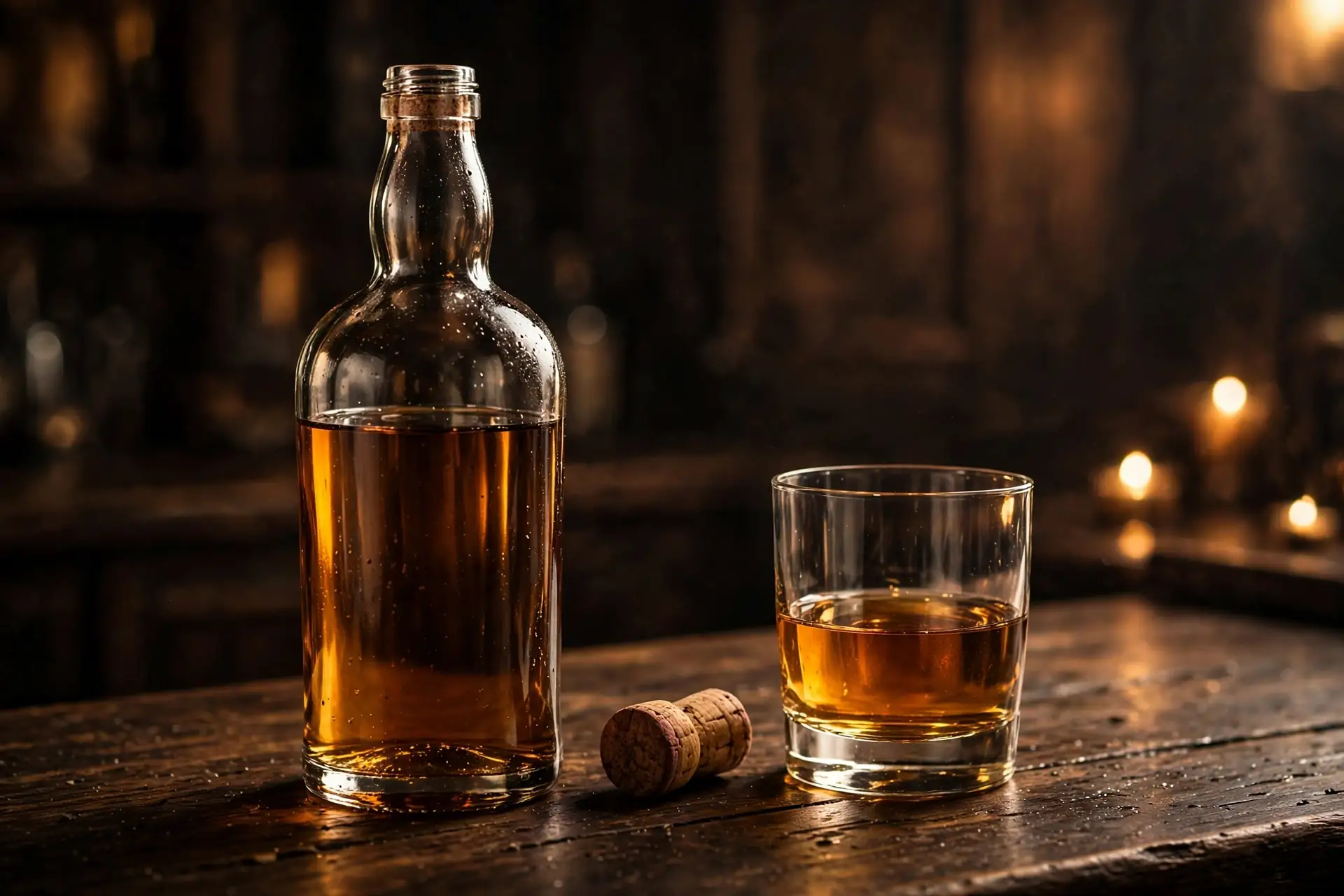Rượu Whisky Mở Nắp Để Được Bao Lâu? Cách Bảo Quản Chuẩn Nhất 2 Chai whisky đã mở nắp bên cạnh ly rượu, minh họa rượu whisky mở nắp để được bao lâu