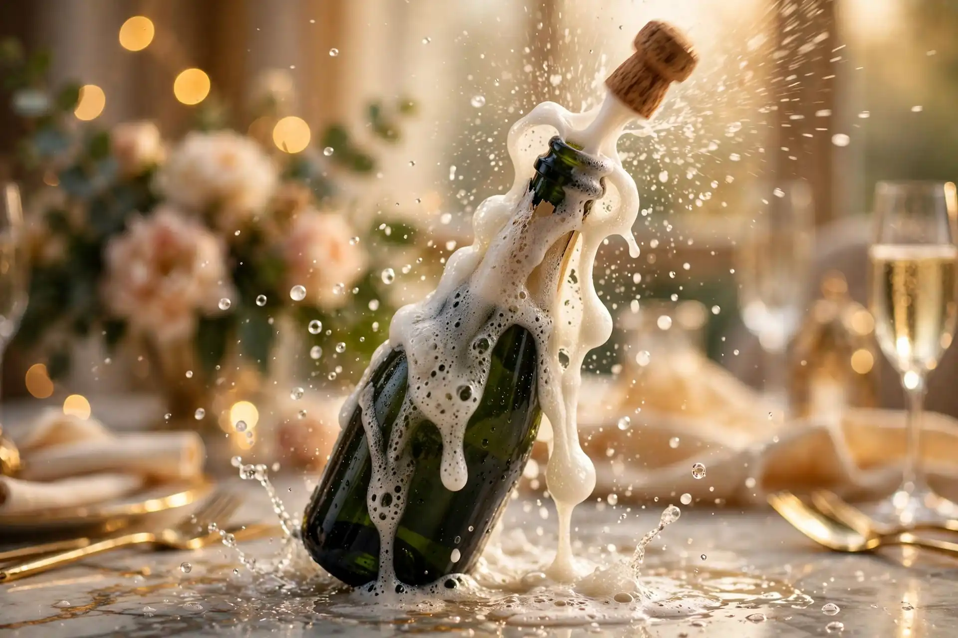 Chai champagne được khui nắp với bọt trào ra, minh họa champagne và vang nổ khác nhau